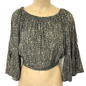Bleuh Ciel Womens size Large 3/4 Sleeve Peasant On Off Shoulder Cropped Top Gray